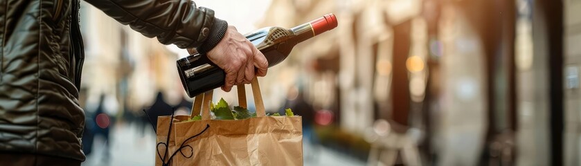 A delivery driver handing over a bottle of wine in a stylish gift bag, with a focus on sophistication and quality