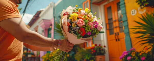 A delivery driver handing over a bouquet of flowers to a happy customer, with bright, colorful surroundings