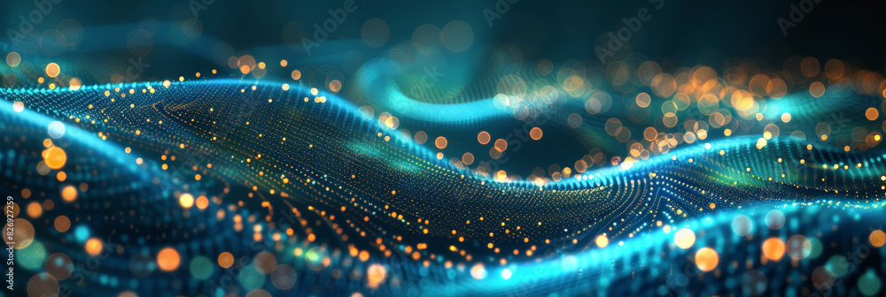 Poster 3d dark green blue neon lines wave dots representing digital binary data. concept for big data, deep