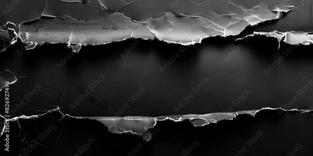 Poster a black background with ripped paper edges,torn black paper revealing a dark background creating a d