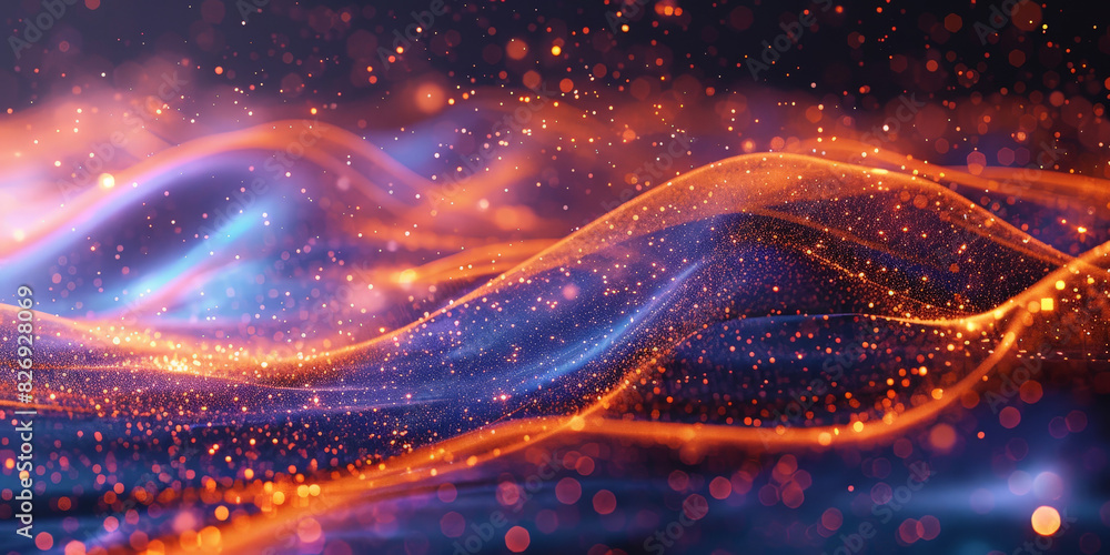 Poster 3d dark purple orange with blue neon lines wave dots representing digital binary data. concept for b