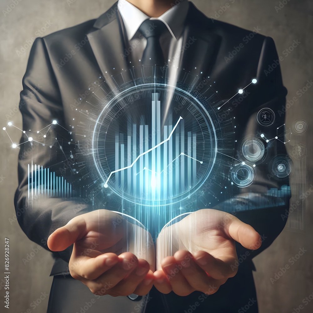 Poster a person in business attire holding out their hands with a holographic projection of a bar graph sho