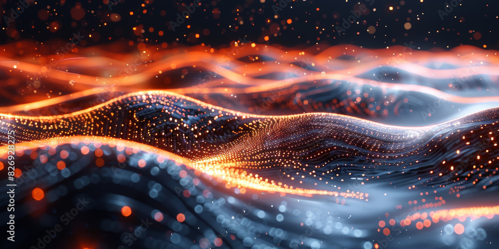 Poster 3d dark purple orange with blue neon lines wave dots representing digital binary data. concept for b