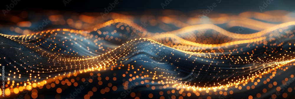 Poster 3d dark purple orange with blue neon lines wave dots representing digital binary data. concept for b