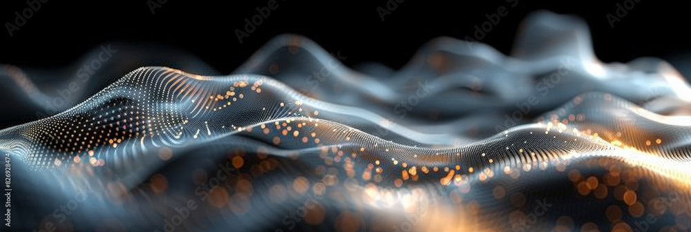 Poster 3d dark purple orange with blue neon lines wave dots representing digital binary data. concept for b