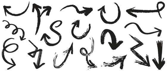grunge arrow . Set of black hand drawn grunge doodle spiral and curved charcoal, chalk arrows on white background. Scribble symbols of direction pointers, swirl arrow elements for infographic design.