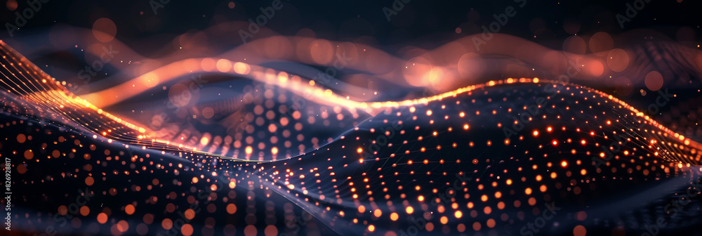 Poster 3d dark purple orange with blue neon lines wave dots representing digital binary data. concept for b