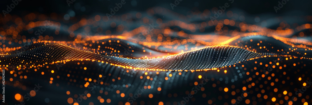 Poster 3d dark purple orange with blue neon lines wave dots representing digital binary data. concept for b