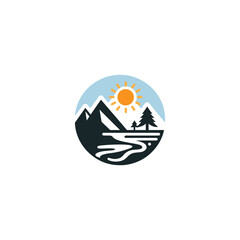 mountain logo landscape with rocks at sunrise, Sea and Sun for Hipster Adventure Traveling logo