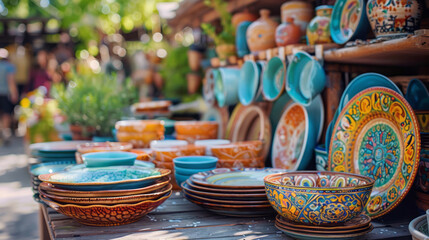 A garage sale displays colorful plates, bowls, and ceramic pots on an outdoor table, with other items for sale in the blurred background.