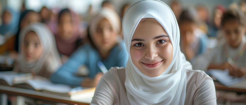 A student in a white hijab sits in the classroom with other students, smiling as she writes in her books.
