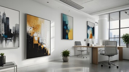 Modern office interior, coworkers space, wall paintings, chairs table and green plants 