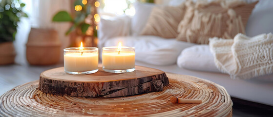 A cozy living room setting is showcased in a close-up shot of a table, featuring two candles in clear glass jars and a piece of arranged wood on top.