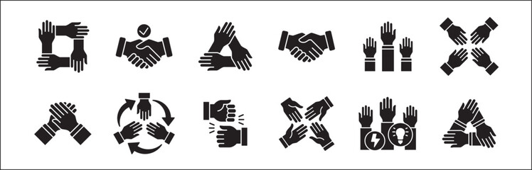 Teamwork icon. Cooperation hands icon set. Collaboration symbol. Business co-worker sign. Icons of brotherhood, relation, connection, partnership. Vector isolated illustration in flat solid design