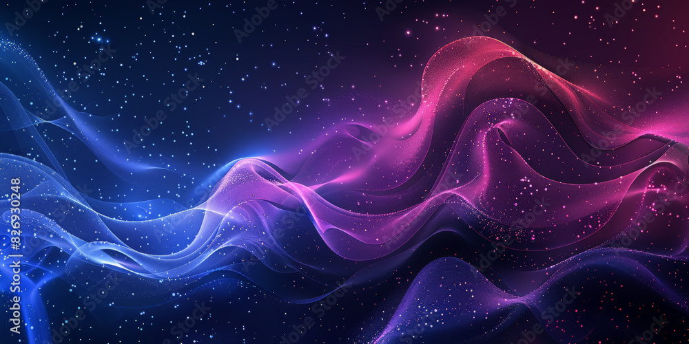 Poster 3d dark purple blue neon lines wave dots representing digital binary data. concept for big data, dee