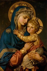 Divine maternal bond, the icon of Blessed Mary and Baby Jesus Christ. Honoring Virgen del Carmen, Our Lady Nossa Senhora do Carmo, a sacred symbol of motherhood and faith in Christianity. © MMerellinn