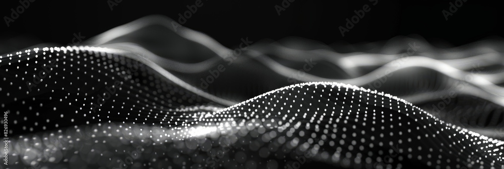 Poster black background with white lines wave dots representing digital binary data. concept for big data, 