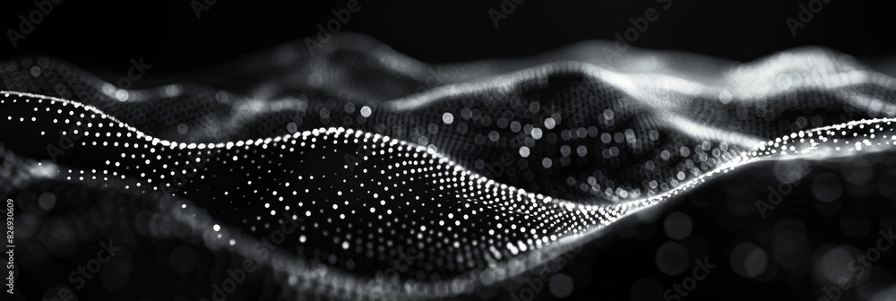 Poster black background with white lines wave dots representing digital binary data. concept for big data, 