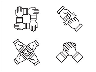 Teamwork icon. Cooperation hands icon set. Collaboration symbol. Business co-worker sign. Icons of brotherhood, relation, connection, partnership. Vector isolated illustration in line style design