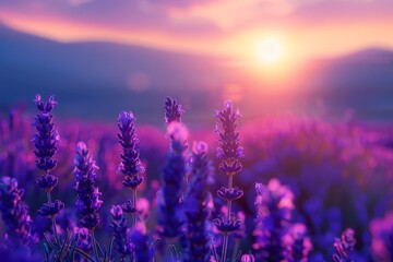 Naklejka premium Beautiful lavender field at sunset with vibrant purple flowers and a glowing sun setting behind the mountains.