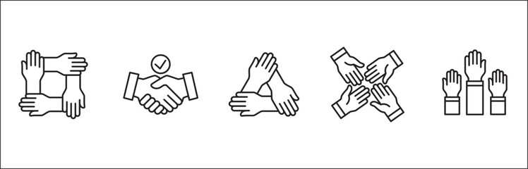 Teamwork icon. Cooperation hands icon set. Collaboration symbol. Business co-worker sign. Icons of brotherhood, relation, connection, partnership. Vector isolated illustration in line style design