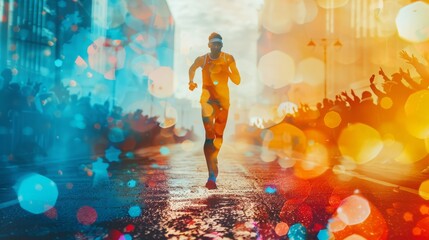 Athlete running on vibrant city street during a colorful marathon. Spectators cheering under dramatic sky, dynamic bokeh enhances the energy.