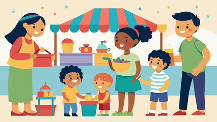 Children excitedly browse through the toy stall while their parents search for unique home decor items at the church flea market.. Vector illustration