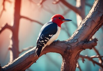 A bright redheaded woodpecker perched on the branc