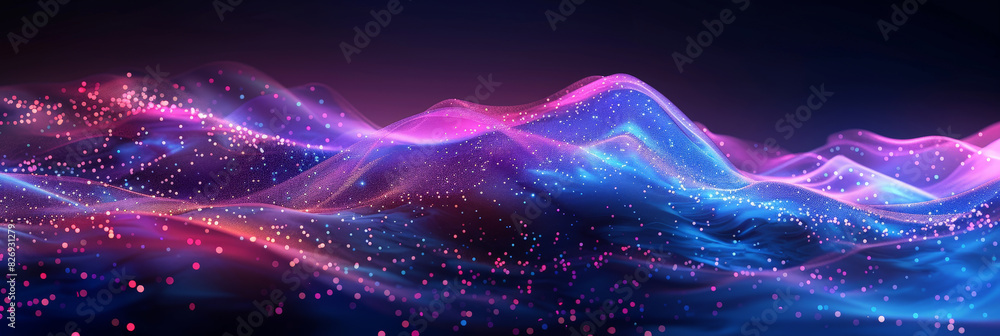 Poster 3d dark purple blue neon lines wave dots representing digital binary data. concept for big data, dee