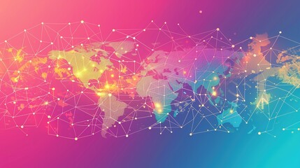Colorful abstract illustration of a global network connecting multiple continents with vibrant nodes