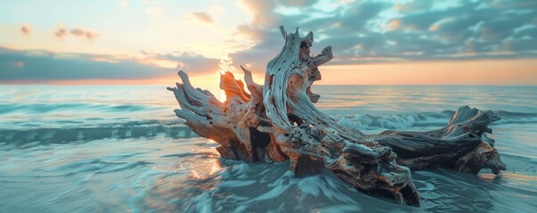 Fototapeta premium Driftwood on beach at sunset with a beautiful sky and ocean waves.