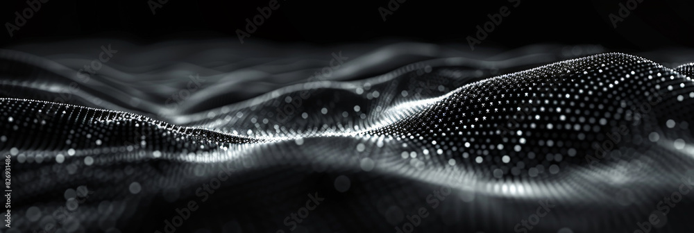 Poster black background with white lines wave dots representing digital binary data. concept for big data, 