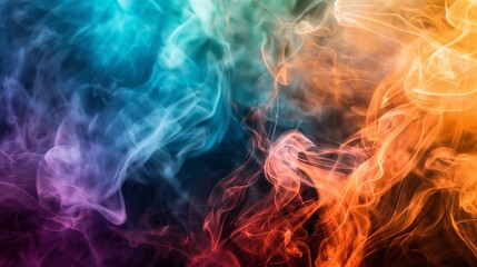 , dense tendrils of deep and dark smoke gracefully intertwine against a gradient backdrop, creating a mesmerizing blend of hues. Amidst this ethereal dance, vibrant abstract colors emerge, swirling an
