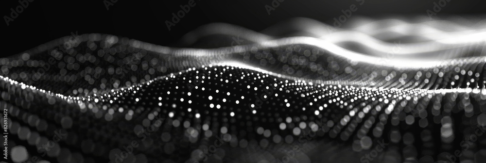 Poster black background with white lines wave dots representing digital binary data. concept for big data, 