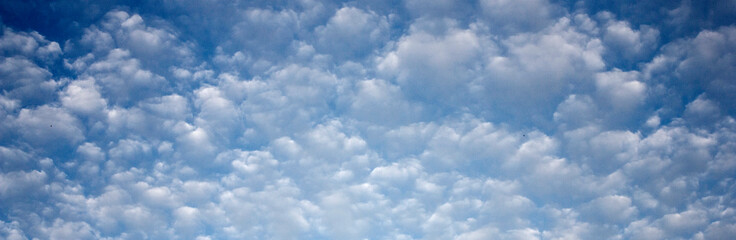 Floating clouds in the sky on a clear day. White clouds on the blue sky in summer. Lots of fluffy clouds in the sky. 
