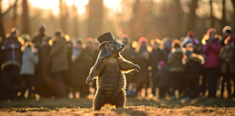 a brown bear wearing a brown hat stands among a crowd of people