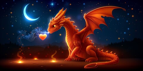 Mythical Fiery Dragon Under Moonlit Sky Blowing Heart-Shaped Flames in Starry Night - Magical Fantasy Art Illustration