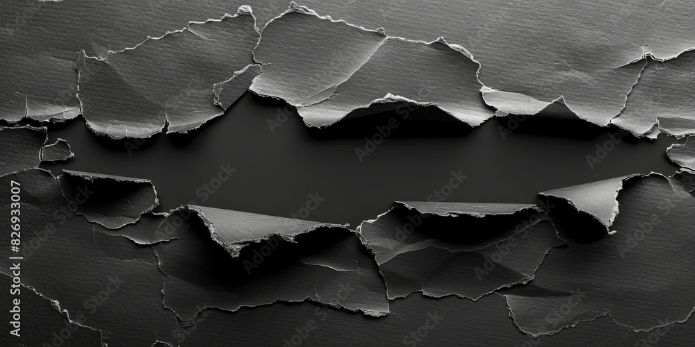 Poster a black background with ripped paper edges,torn black paper revealing a dark background creating a d
