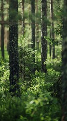 Fototapeta premium Realistic photography of coniferous forest. Abstract background of a northern forest