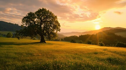 Obraz premium Grass Field landscape with sunset. grass field with tree and sunset wallpaper. Grass Field with sunset in evening.