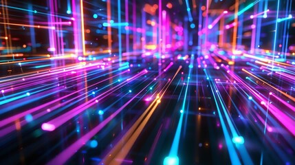 Slick, glossy black surfaces intersected by glowing, random red green yellow purple orange gold pink and blue neon lines, conveying a high-speed data network in motion.
