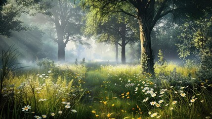 Obraz premium grass field wallpaper. landscape forest with fog wallpaper. landscape forest with mountains and fog. landscape mountains with fog wallpaper. forest with fog background. Fantasy landscape forest.