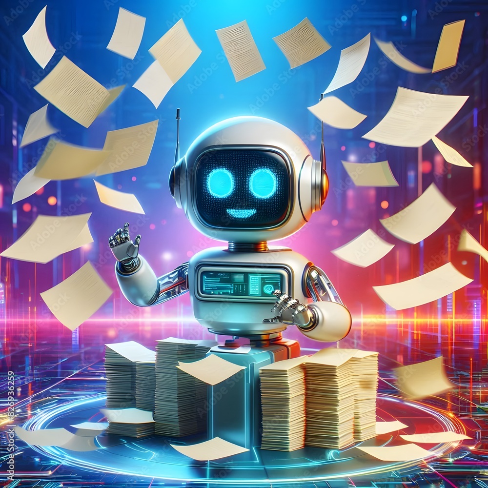 Poster a robot surrounded by flying papers with a colorful and futuristic background generated by ai