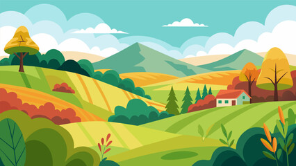 A tranquil idyllic countryside with rolling hills and colorful foliage captures a sense of joy and contentment.. Vector illustration