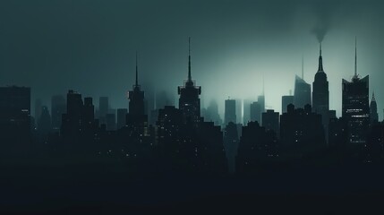 city panoramic view of a city skyline with skyscrapers, nice silhouette and dark ambiance
