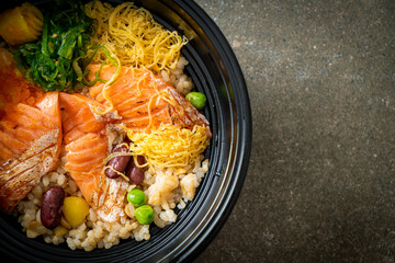 grilled salmon with brown rice donburi