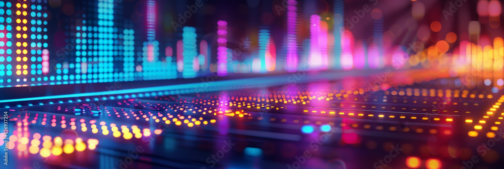 Poster abstract background with blurred colorful bars and lights on dark background, ai digital music compo
