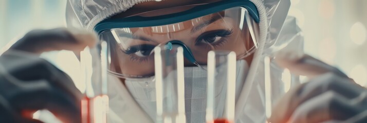 scientist in protective gear working with test tubes at an advanced laboratory