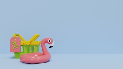 Obraz premium 3d illustration of summer sale promotion. 3d render flamingo floaties and shopping basket