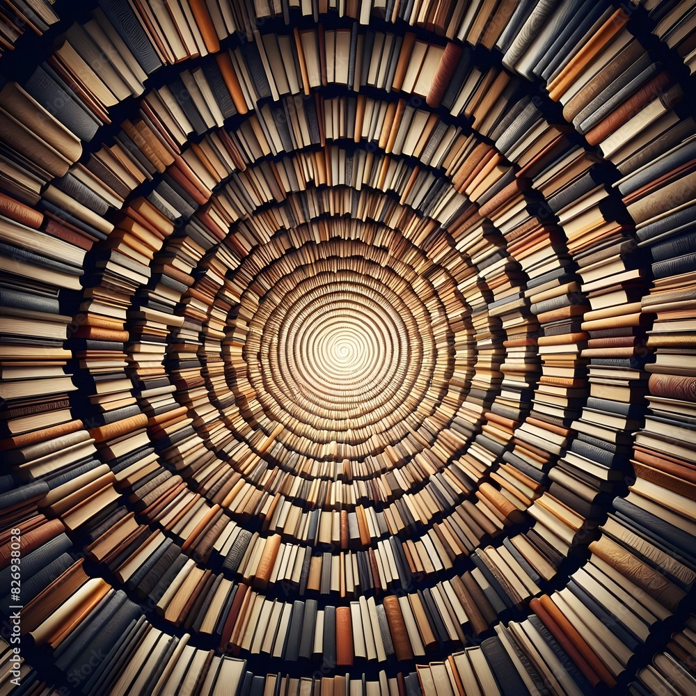 Poster a circular tunnel-like structure composed of numerous books with their spines facing outward creates